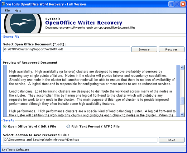 Click to view Open Office Writer Recovery Software 2.0 screenshot